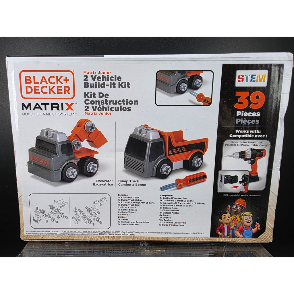 Black+Decker Matrix Junior 2 Vehicle Build-It Kit Excavator & Dump Truck 39 Pieces STEM
